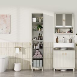 VonHaus Victoria Freestanding Slim Tall Bathroom Storage Cabinet in Stone - thumbnail 4