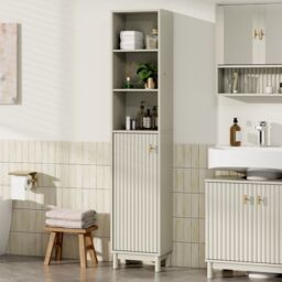 VonHaus Victoria Freestanding Slim Tall Bathroom Storage Cabinet in Stone - thumbnail 1