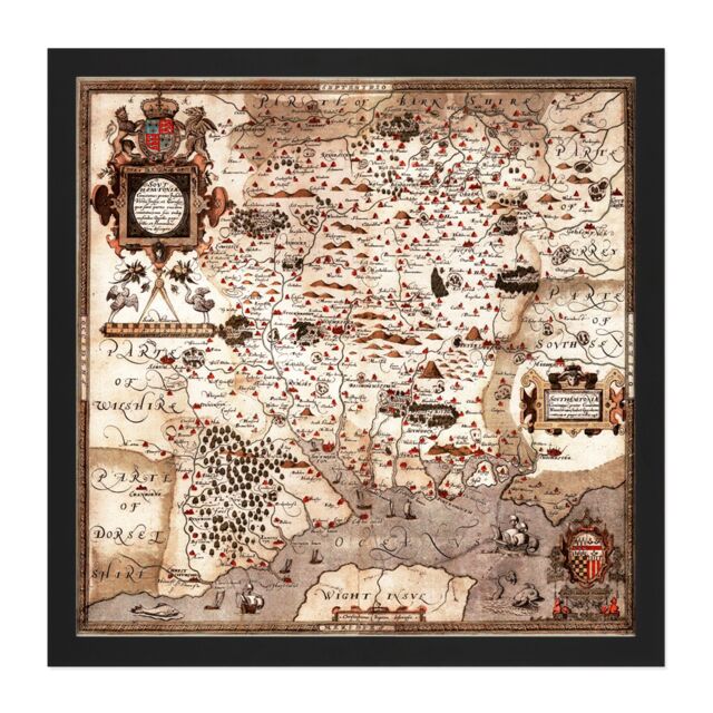"Artery8 Wall Art Print Map 1575 Saxton Hampshire Southampton Wight Replica Square Framed Picture 16X16 Inch in Black - Size: W16"" x H16""" - image 1