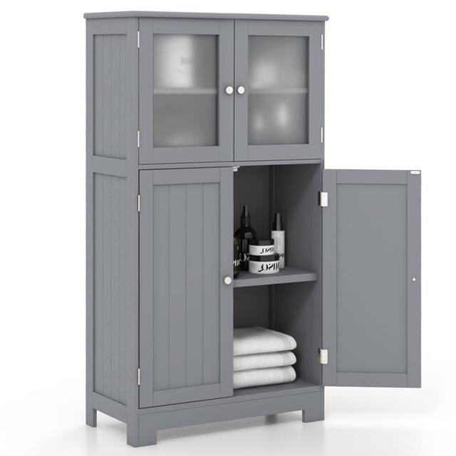 Costway Bathroom Floor Cabinet Freestanding Storage Cupboard W/ 2 Tempered Glass Doors in Grey - image 1