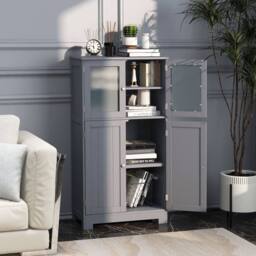Costway Bathroom Floor Cabinet Freestanding Storage Cupboard W/ 2 Tempered Glass Doors in Grey - thumbnail 3