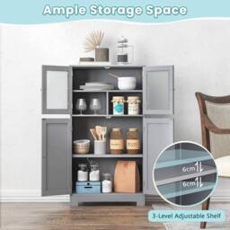 Costway Bathroom Floor Cabinet Freestanding Storage Cupboard W/ 2 Tempered Glass Doors in Grey - thumbnail 4