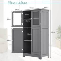 Costway Bathroom Floor Cabinet Freestanding Storage Cupboard W/ 2 Tempered Glass Doors in Grey - thumbnail 2