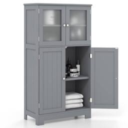 Costway Bathroom Floor Cabinet Freestanding Storage Cupboard W/ 2 Tempered Glass Doors in Grey - thumbnail 1