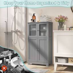 Costway Bathroom Floor Cabinet Freestanding Storage Cupboard W/ 2 Tempered Glass Doors in Grey - thumbnail 5