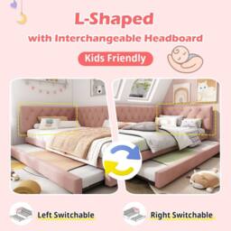 BTM Velvet Daybed with Pull-Out Trundle, for Adults & Kids in Pink - thumbnail 4