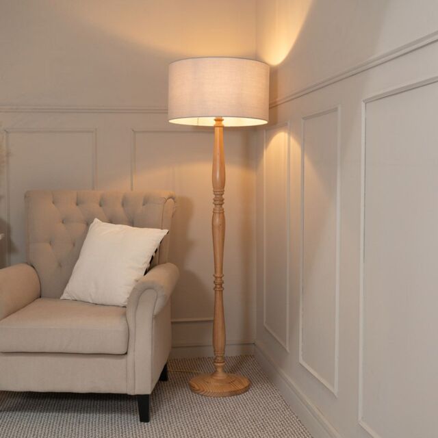 ValueLights Victoria Light Wood Traditional Stem Floor Lamp with Fabric Drum Shade in Grey - image 1