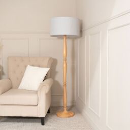 ValueLights Victoria Light Wood Traditional Stem Floor Lamp with Fabric Drum Shade in Grey - thumbnail 3