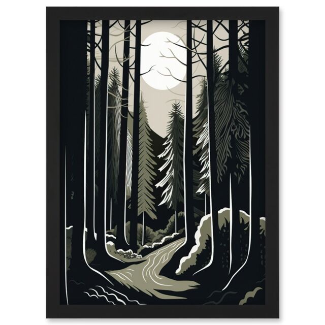 Artery8 Full Moon Night at Pine Forest Landscape Linocut Artwork Framed Wall Art Print A4 in Black - image 1