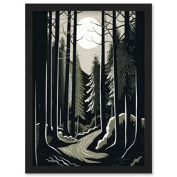 Artery8 Full Moon Night at Pine Forest Landscape Linocut Artwork Framed Wall Art Print A4 in Black - thumbnail 1