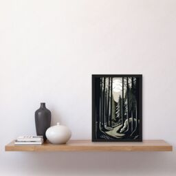 Artery8 Full Moon Night at Pine Forest Landscape Linocut Artwork Framed Wall Art Print A4 in Black - thumbnail 2