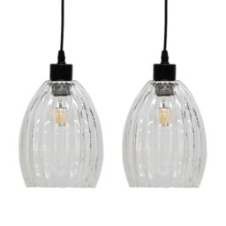 First Choice Lighting Set of 2 Birch - Clear Fluted Glass Easy Fit Pendant Shades - thumbnail 1