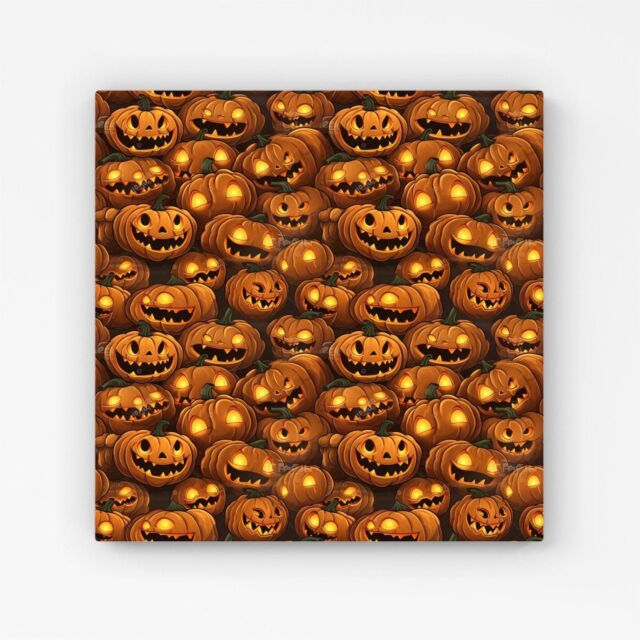 "Warren Reed - Designer Grinning Lanterns Pumpkins With Glowing Eyes Canvas in Orange - Size: W30"" x H30""" - image 1