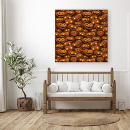 "Warren Reed - Designer Grinning Lanterns Pumpkins With Glowing Eyes Canvas in Orange - Size: W30"" x H30""" - thumbnail 3