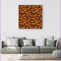 "Warren Reed - Designer Grinning Lanterns Pumpkins With Glowing Eyes Canvas in Orange - Size: W30"" x H30""" - thumbnail 4