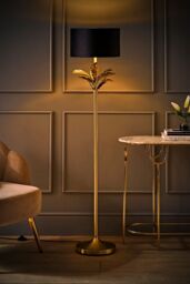 ValueLights Christina Velvet with Gold Metallic Inner Drum Shade Gold Palm Leaf Floor Lamp in Black - thumbnail 2
