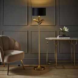 ValueLights Christina Velvet with Gold Metallic Inner Drum Shade Gold Palm Leaf Floor Lamp in Black - thumbnail 1