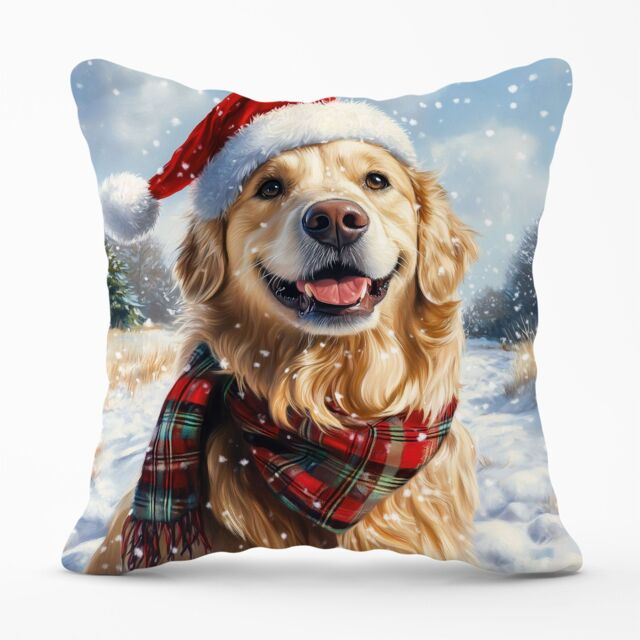 Warren Reed - Designer Snowy Christmas Golden Retriever Cushion in Yellow - Size: 60 cm x 60 cm - image 1