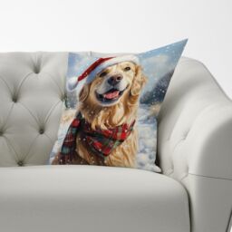 Warren Reed - Designer Snowy Christmas Golden Retriever Cushion in Yellow - Size: 60 cm x 60 cm - thumbnail 3
