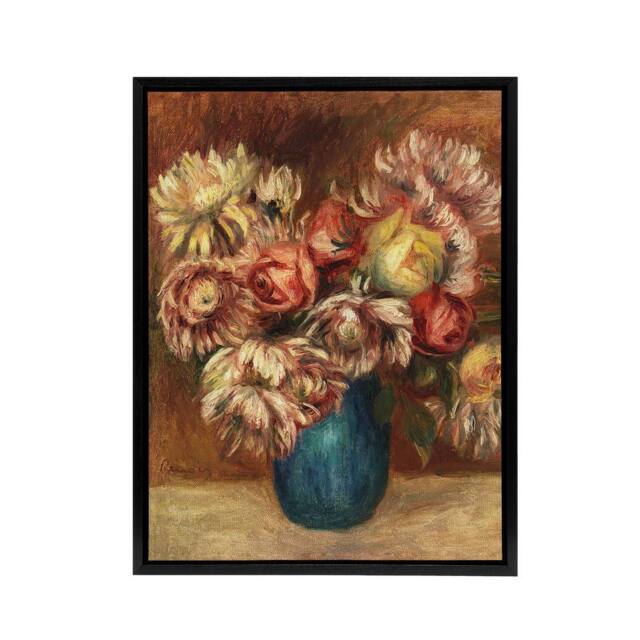 "Artery8 Flowers in a Green Vase Renoir Vintage Black Framed Canvas Wall Art in Pink - Size: W12"" x H16""" - image 1