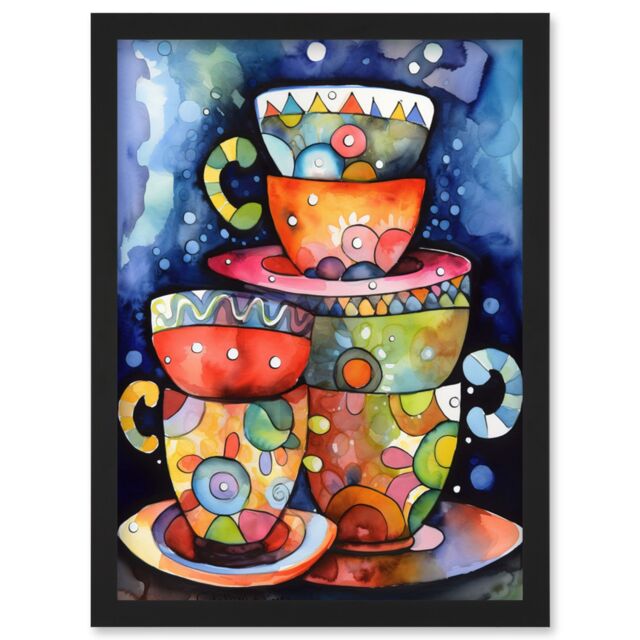 Artery8 Kitchen Folk Art Mugs & Cups Artwork Framed Wall Art Print A4 in Black - image 1