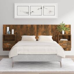 Berkfield Home Bed Headboard with Cabinets Smoked Oak Engineered Wood in Brown - thumbnail 1