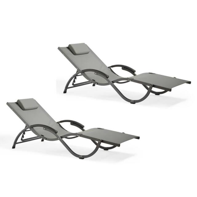 VonHaus Set of 2 Outdoor Reclinable Textoline Folding Sunloungers in Black