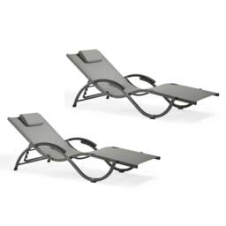 VonHaus Set of 2 Outdoor Reclinable Textoline Folding Sunloungers in Black - thumbnail 1