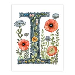 "Artery8 Women's Wall Art Print Letter I in Watercolour Wildflowers Poppy Bouquet Floral Word Art For Her Poster - Size: W24"" x H32""" - thumbnail 1