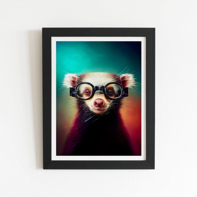 "Warren Reed - Designer Ferret With Glasses Splashart Framed Art Print in Black - Size: W24"" x H36""" - image 1