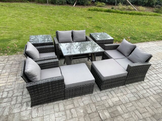 Fimous Garden Furniture Sets 9 Pieces Wicker Rattan Furniture Manual Wicker Patio Sofa Patio Conversation Set with 2 Big Footstool in Dark Grey