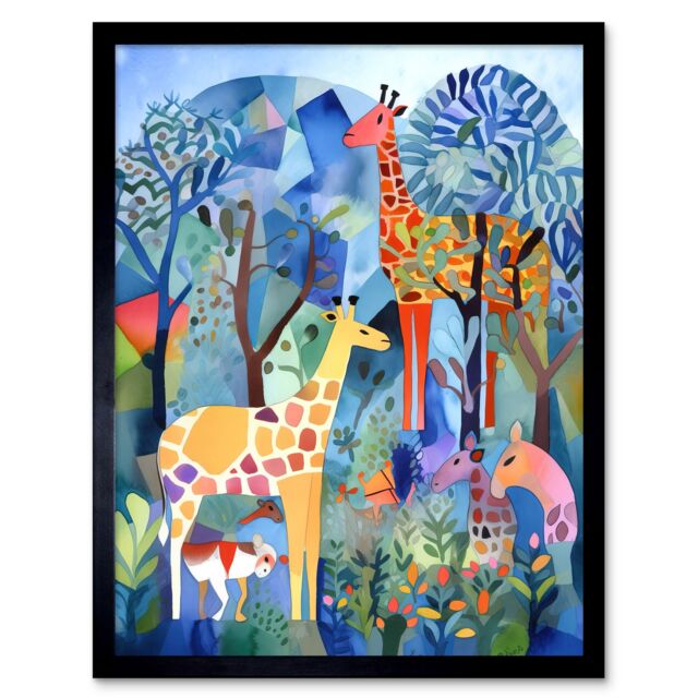 "Artery8 Wall Art Print Grazing Animals Folk Art Watercolour Painting Art Framed in Black - Size: W12"" x H16""" - image 1