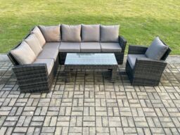 Fimous 7 Seat Rattan Garden Furniture Corner Sofa Set Outdoor Patio Chair Sofa Table Set Dark Grey Mixed - thumbnail 2