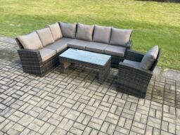 Fimous 7 Seat Rattan Garden Furniture Corner Sofa Set Outdoor Patio Chair Sofa Table Set Dark Grey Mixed - thumbnail 1