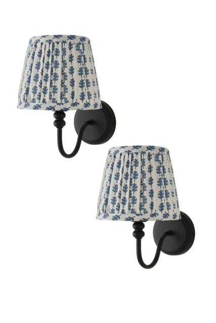 ValueLights Binky Pair of Rechargeable Black Wall Lights & Floral Pleated Shades in Mid Blue - image 1