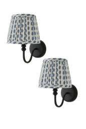 ValueLights Binky Pair of Rechargeable Black Wall Lights & Floral Pleated Shades in Mid Blue