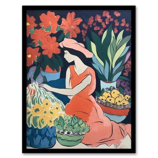 Artery8 The Market By Sylvia Day Sitting Danish Pastel Aesthetic Floral Matisse Style Flowers Dutch Artwork Framed Wall Art Print A4 in Black - image 1