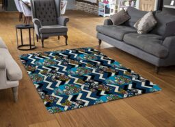 Benjamin Tate Design Embroidery Colorful Simplified Ethnic Skull Blue Pattern Rug in Natural - Size: Large - thumbnail 2