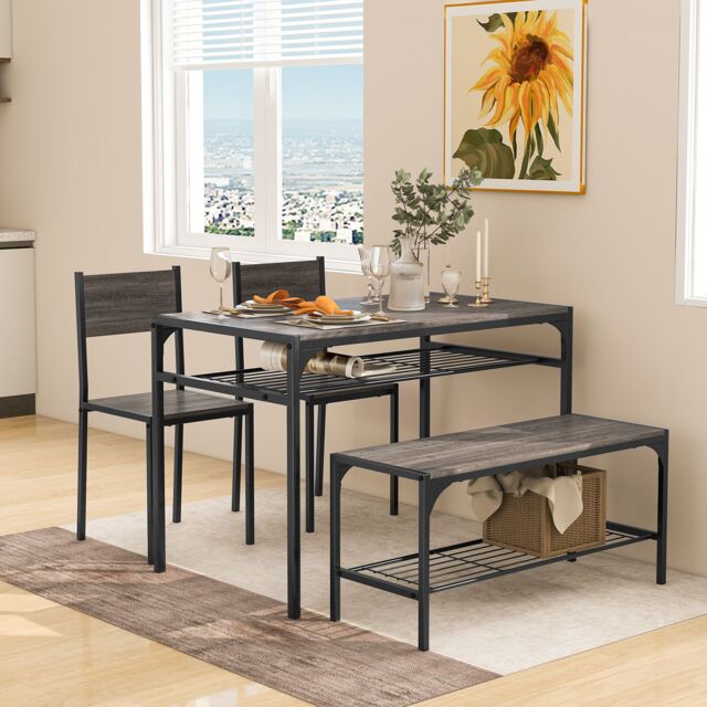 Costway 4PCS Dining Table Set for 4 Industrial Rectangular Kitchen Table with Chairs & Bench Metal Frame in Grey - image 1