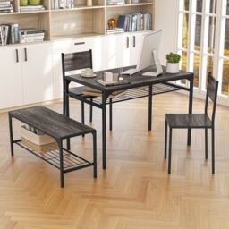 Costway 4PCS Dining Table Set for 4 Industrial Rectangular Kitchen Table with Chairs & Bench Metal Frame in Grey - thumbnail 3