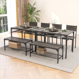 Costway 4PCS Dining Table Set for 4 Industrial Rectangular Kitchen Table with Chairs & Bench Metal Frame in Grey - thumbnail 2