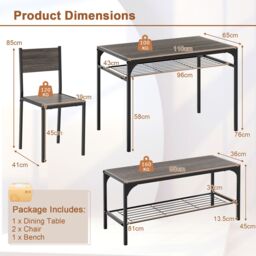 Costway 4PCS Dining Table Set for 4 Industrial Rectangular Kitchen Table with Chairs & Bench Metal Frame in Grey - thumbnail 6
