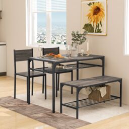 Costway 4PCS Dining Table Set for 4 Industrial Rectangular Kitchen Table with Chairs & Bench Metal Frame in Grey - thumbnail 1