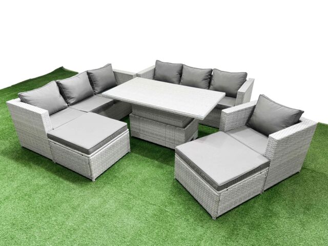 Fimous 6 PCs Rising Dining Table Set Rattan Furniture Set with 3 Seater Sofa in Light Grey - image 1
