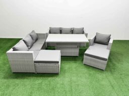 Fimous 6 PCs Rising Dining Table Set Rattan Furniture Set with 3 Seater Sofa in Light Grey - thumbnail 2