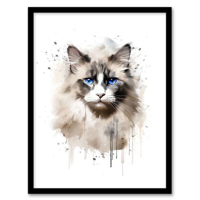 "Artery8 Wall Art Print Grey Point Ragdoll Cat Blue Eyes Lovers Gift Watercolour Pet Portrait Painting Artwork Art Framed - Size: W12"" x H16""" - image 1