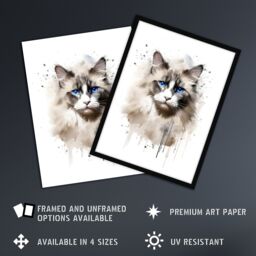 "Artery8 Wall Art Print Grey Point Ragdoll Cat Blue Eyes Lovers Gift Watercolour Pet Portrait Painting Artwork Art Framed - Size: W12"" x H16""" - thumbnail 2