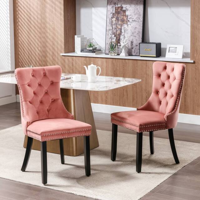 Modern Home Touch Romsey Set of 2 Velvet Upholstered Dining Chairs with Oak Legs & Knocker Ring Back in Pink - Size: 2 Pack - image 1