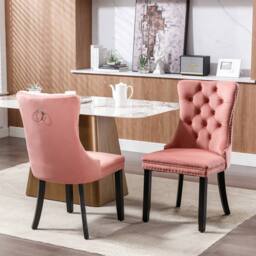 Modern Home Touch Romsey Set of 2 Velvet Upholstered Dining Chairs with Oak Legs & Knocker Ring Back in Pink - Size: 2 Pack - thumbnail 2