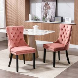 Modern Home Touch Romsey Set of 2 Velvet Upholstered Dining Chairs with Oak Legs & Knocker Ring Back in Pink - Size: 2 Pack